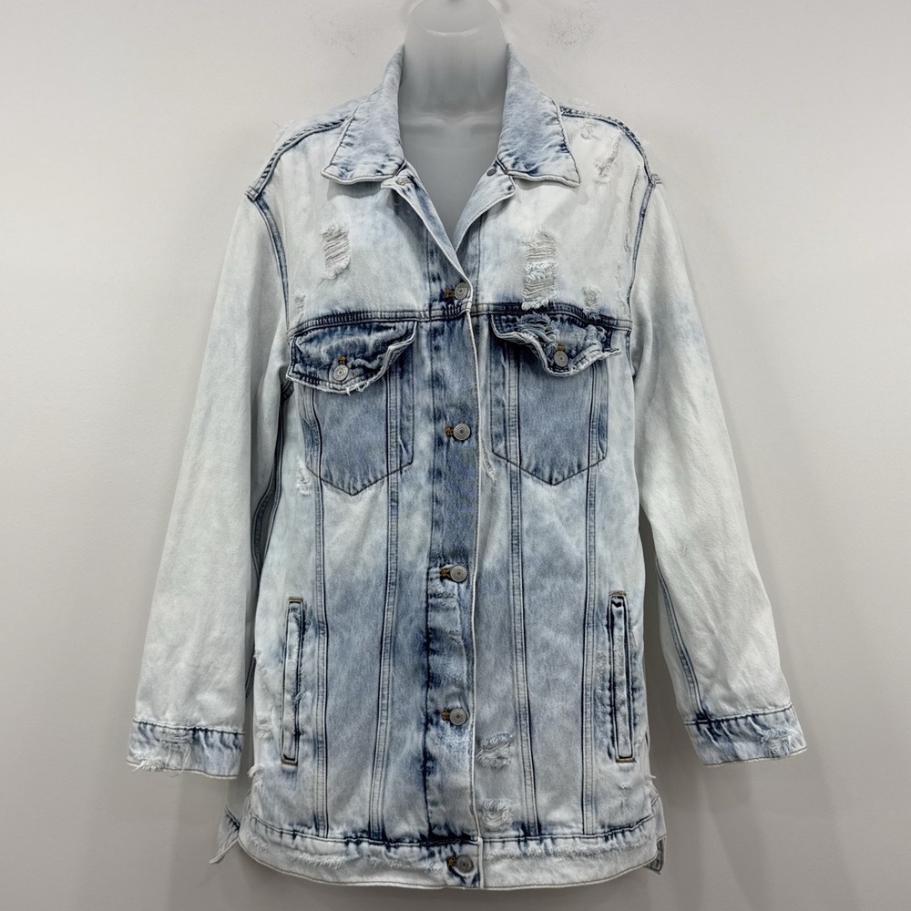We The Free Destroyed Long & Lean Denim Trucker Jacket M Grunge Country Oversize